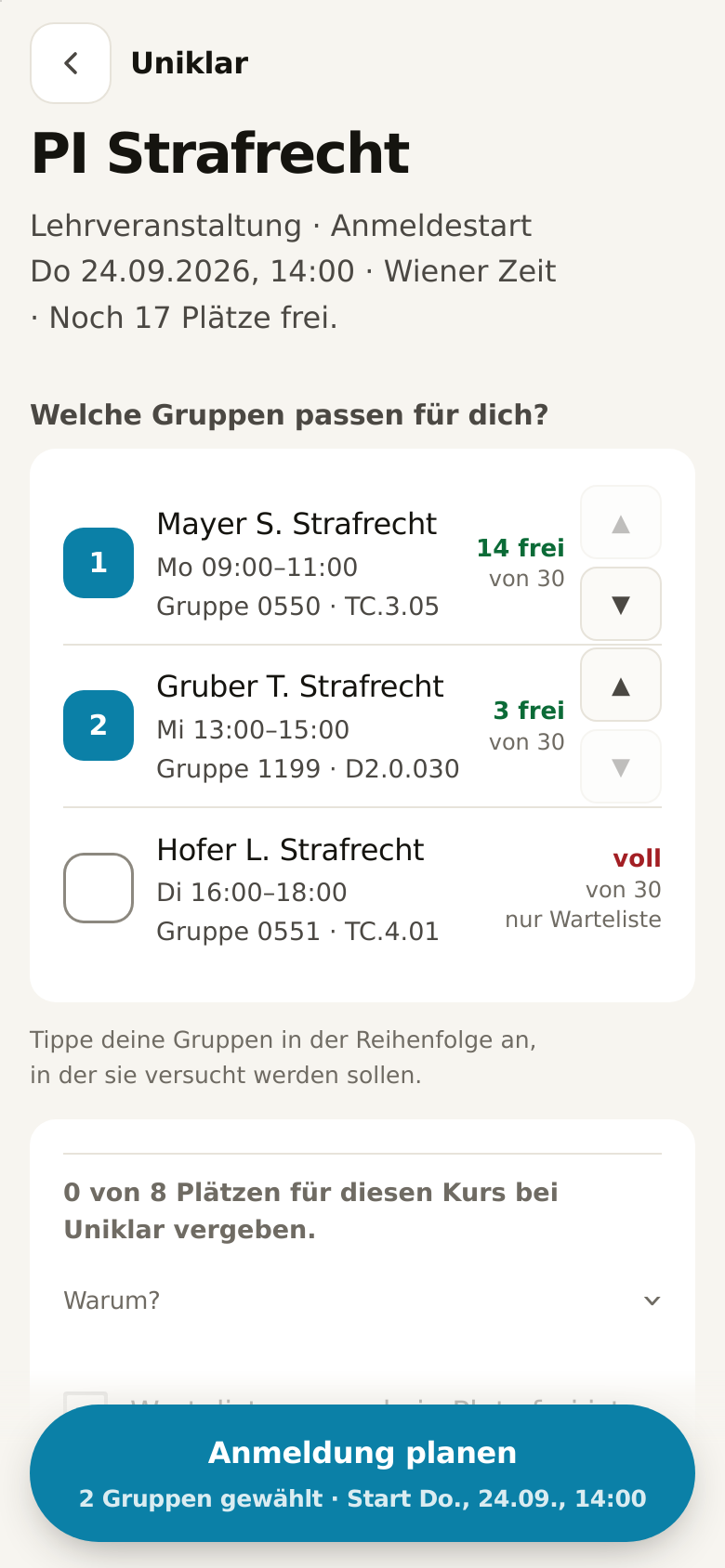 Uniklar am Handy: der Kurs PI Strafrecht mit den gewählten Gruppen 0550 als erste und 1199 als zweite Wahl.
