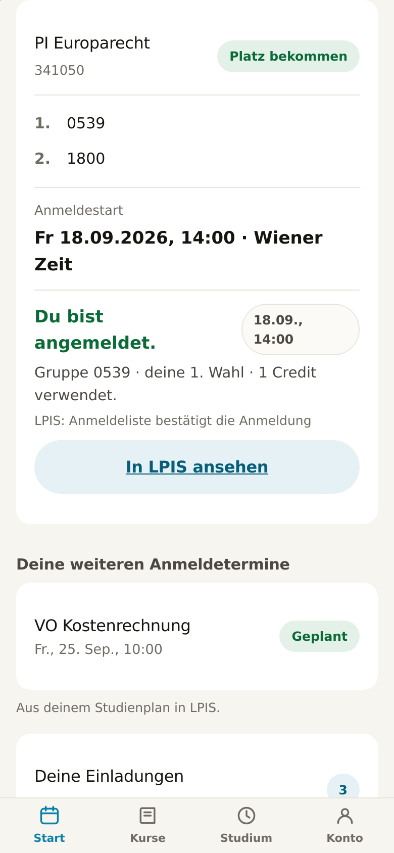 Uniklar am Handy: PI Europarecht mit dem Zustand „Platz bekommen“, Gruppe 0539, erste Wahl, ein Credit verwendet.